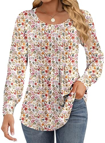 Cuptacc Long Sleeve Tops Women Ladies Tops Women's Tunic Pleated Blouse Puff Sleeve with Button Loose Fit Casual Crew Neck
