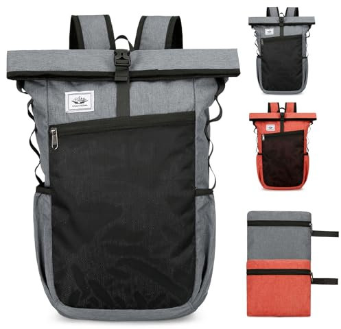 Outplea 18L Faltbarer Rucksack Herren Damen, Ultraleicht Rolltop Rucksack, Packbar und Stylisch Faltrucksack Wanderrucksack, Schulrucksack Tagesrucksack für Freizeit Arbeit Schule Camping, Grau