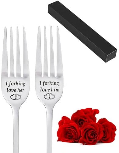GOZINA 2 Pcs Wedding Gifts Engraved Stainless Steel Table Fork for His and Hers Gifts, I Love You Gifts for Him Her Anniversary Personalized Letter Dinner Forks for Couple with Black Box