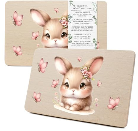 Yabaduu Individuelles Holzbrett für Kinder 23,5x15cm Frühstücksbrettchen Brotzeitbrett personalisiert aus Holz Tier-Motiv als Geschenk Geburtstag Kind RV007 (01 Hase rosa, Ohne Wunschname)