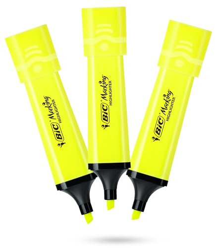 BIC Marking Highlighter Flach Textmarker Marker 3 Stück Kunststoff Textmarker mit fluoreszierender Neongelber Tinte Textmarker Stifte für Glatte Noten Präzise Highlights Ideal für Schule und Büro