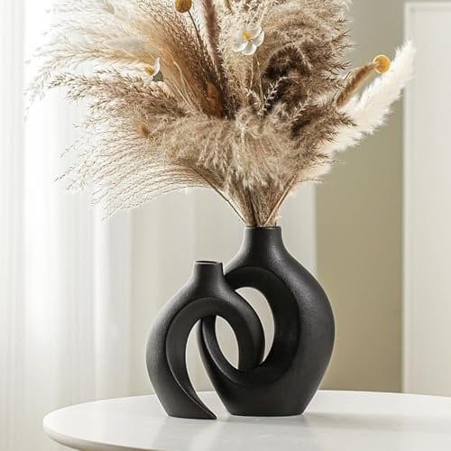 SUKIYPO Hohle Keramikvase, 2er Set Schwarz Moderne Vase für nordische minimalistische Dekoration, runde Boho-ästhetische Blumenvasen für Zuhause, Wohnzimmer, Büro, Bauernhaus, Bücherregal, Dekor