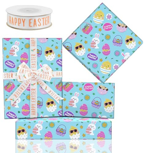 Ostergeschenkpapier, Geschenkpapier mit Osterei, Hase, Küken und Blume und Bändern, Geschenkpapier „Frohe Ostern“ für Kinder, Mädchen, Jungen und Familien am Ostertag oder Geburtstag