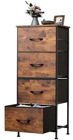 WLIVE Kommode mit 4 Schubladen aus Stoff, Kommodenschrank für Schlafzimmer, Kommode Wohnzimmer, mit Stabiler Stahlrahmen, Holzplatte, Rustikales Braun