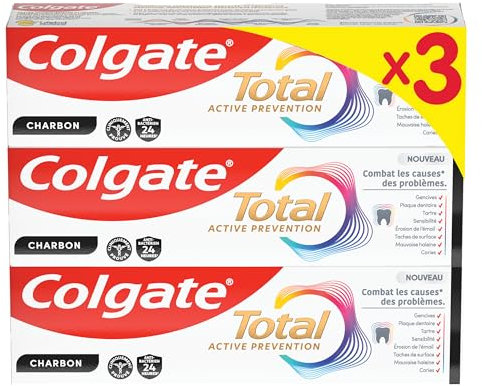 COLGATE - Dentifrice Total Active Prevention Charbon - Action Blancheur & Detox - Protection 24h* - Prévention 8-en-1 - Lot de 3 tubes (3 x 75ml)