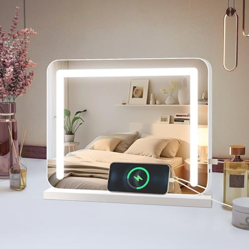 baklon Miroir de Maquillage Hollywood avec éclairage LED à intensité Variable - 3 Modes - 35 x 25 cm - Miroir de Table avec grossissement USB 10X - pour Chambre à Coucher, Coiffeuse