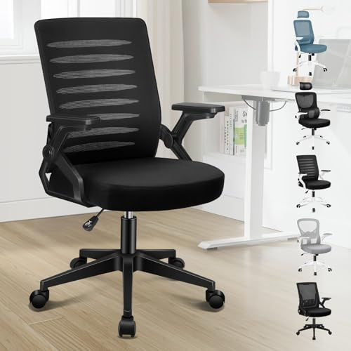 ELFORDSON Ergonomic Office Chair, Mid-back Swivel Desk Chairs for Home Office, Height Adjustable Mesh Computer Chair with 90° Flip-up Armrest and Padded Seat Cushion, Black