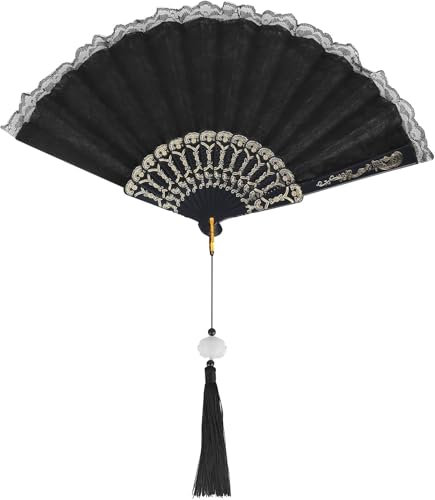 Hand Fan, J Lace White Fan Lace Hand Fans Wedding Fan Bridal Fan White Hand Fans with Silk Gift Bag Folding Fan Dance Fan Folding Fans (Black)