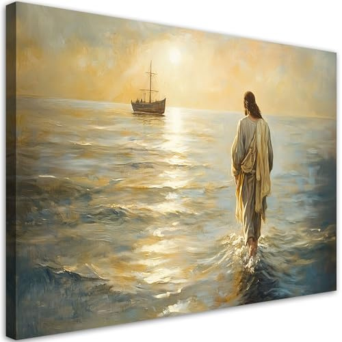 Feeby Leinwandbild - Bilder Wohnzimmer - Jesus geht auf dem Wasser - 90x60 1tlg - Deko Schlafzimmer - Wanddekoration - Aesthetic - Groß Moderne Bild - Foto auf Leinwand