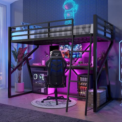 Hochbett Treppe 90 x 200 cm mit LED-Streifen, Etagenbett für Erwachsene mit Schreibtisch, Hochbett mit Schreibtisch, mit Barriere, Eisenstruktur, Rampe, Schreibtisch, ohne Matratze, weiß