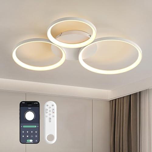 YZBEIMDAI LED Deckenlampe Schlafzimmer, Modern 3-Ringe Design | 72CM Dimmbar Wohnzimmer Deckenleuchte mit Fernbedienung, Memory Funktion, für Schlafzimmer, Esszimmer, Büro,Weiß