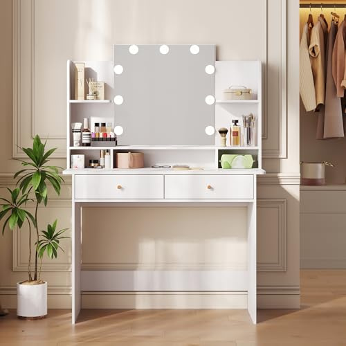 LINSY HOME Schminktisch mit LED Beleuchtung, Frisiertisch mit Spiegel, Modern Kosmetiktisch mit Schubladen, Offenen Fächern, Weiß, 100x40x140cm