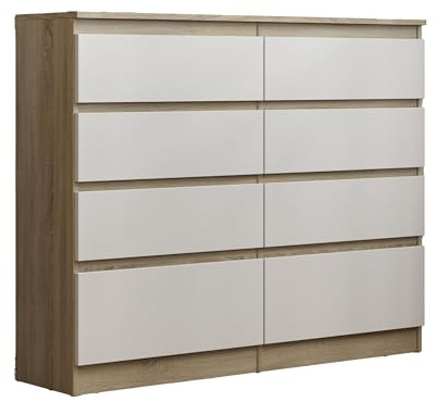 Masseno Kommode Adriano 120 cm, Sideboard mit 8 Schubladen für Wohnzimmer, Schlafzimmer, Modern 120x33x100 cm, Sonoma Eiche/Weiß