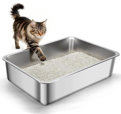 Nobleza Edelstahl Katzenklo XXL 70x50x15cm - Extra Großes Katzentoilette mit Anti-Rutsch Gummiboden, Hop-in Katzen Klo Ohne Deckel, Niemals Gerüche, Fleckfrei, Rostfrei, Antihaft Glatte Oberfläche