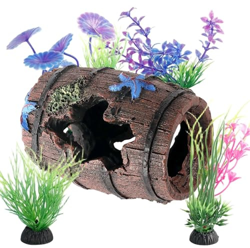 Eulihent Fish Tank Decorations Small Fish Tank Ornaments Fishs Tanks Cave Aquarium Ornaments Aquarium Decoration Aquariums Broken Barrel Cave Decor and 5 Fishs Tanks Plants for Betta Hiding