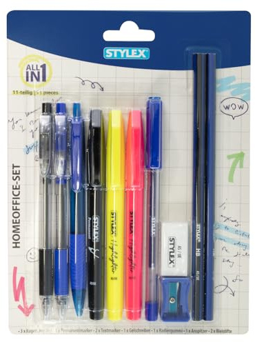 Stylex 31997 - Home Office Set, 11-teiliges Stifte Set mit 3x Kugelschreiber, 2x Textmarker, Permanentmarker, Gelschreiber, 2x Bleistift und Zubehör