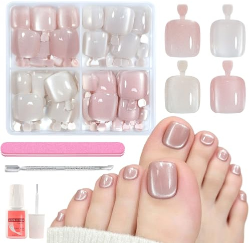 96Pcs Cat Eye Press On Toenails - 4 Colours Nude Glitter Short Square Fake Toe Nails - Acrylic Full Cover False Toenails with Glue - Magnetic Glitter Stick on Toenails for Women DIY Manicure Kit