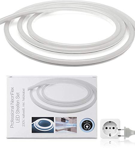 LED Universum 30 Meter Pro230 NeonFlex LED Streifen kaltweiß mit Netzanschlusskabel, IP65, 230 V, 9 W/m, 280 lm/m, für Innen- und Außenbereich