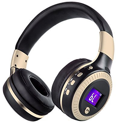 SUAVER Bluetooth Headphones, Foldable Headphones LED Display Screen Hi-Fi Stereo Wireless Headset, Bluetooth Earphones with Mic,Support FM Radio TF Card for PC/Cell Phones(Black/Gold)