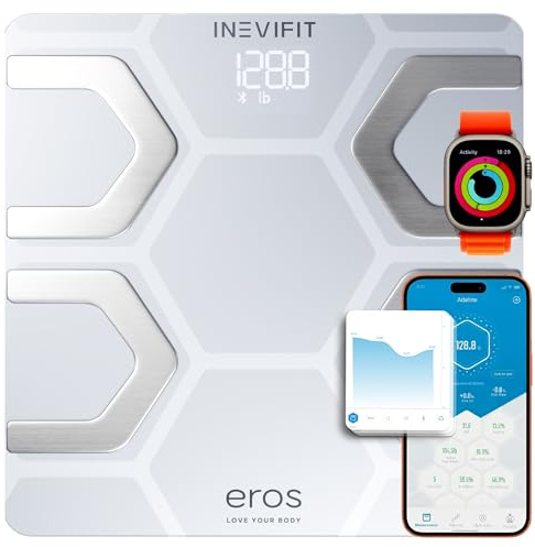 INEVIFIT EROS Bluetooth Body Fat Scale Smart BMI Highly Accurate Digital Bathroom Body Composition Analyzer with Wireless Smartphone APP 400 lbs 11.8 x 11.8 inch (White)