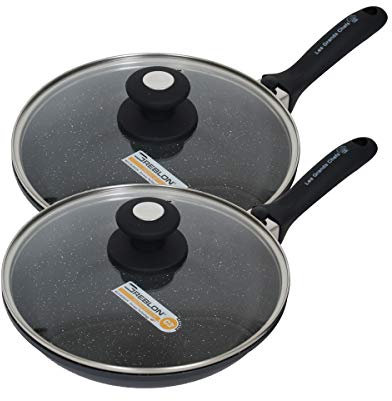 Les Grands Chefs Professionnel – Poêle Pierre revêtement antiadhésif renforcé 3 couches GREBLON C3+ Technologie Allemande Sans PFOA - Manche Amovible, Couvercle et Disque anti-rayures (28/32 CM)