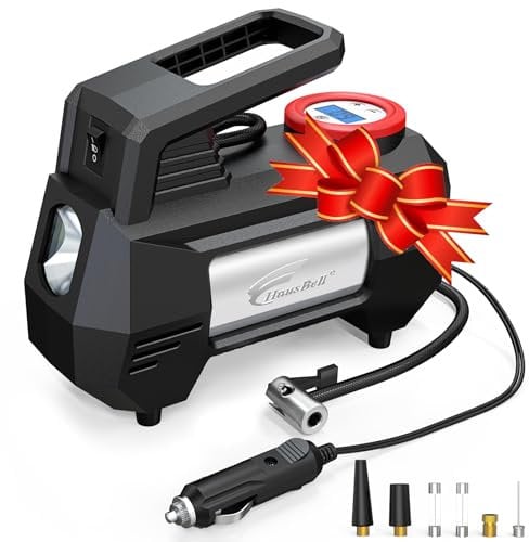 HAUSBELL Reifenkompressor 12V – Digitale Luftpumpe 150 PSI mit Abschaltautomatik, LED-Notlicht & Ventiladapter – Tragbares Autozubehör für schnelles Aufpumpen (Schwarz)