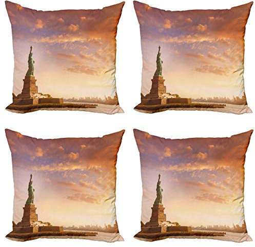 ABAKUHAUS Landschaft Dekokissen Kissenbezug 4er Pack, USA New York Landschaft, Modern Accent Doppelseitiger Digitaldruck, 45 x 45 cm, Tan