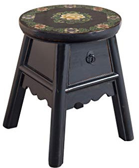 Fine Asianliving Tabouret Chinois Noir Peint à la Main Tibétaine d'Inspiration P32xH41cm