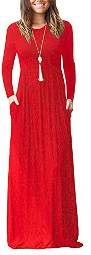 GRECERELLE Women's Casual Maxi Dress Long Sleeve Long Dresses with Pockets and Sleeves for Ladies (Red, L)