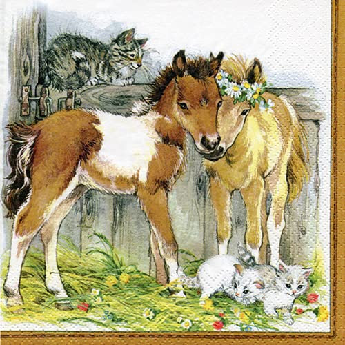 20 Servietten Pferde und Katzen im Hof | Bauernhof | Tiere | Tischdeko 33x33cm