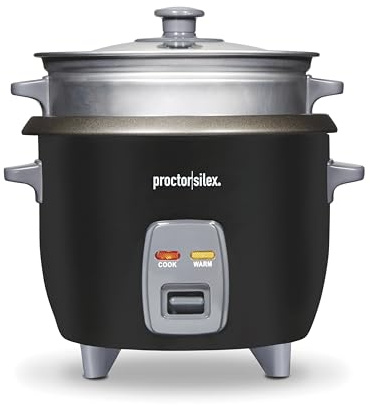 Proctor Silex Rice Cooker & Food Steamer, 6 Cups Cooked (3 Cups Uncooked), Includes Steam and Rinsing Basket, Black (37510)