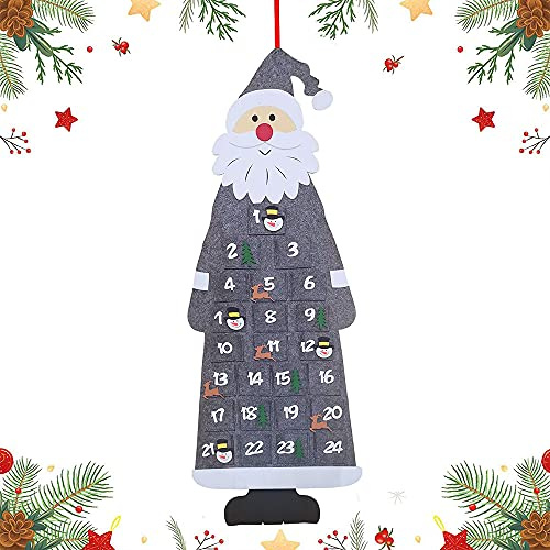 Filz Adventskalender Santa, Weihnachts Adventskalender Filz, DIY Weihnachtsmann Filzkalender, Weihnachtsbaum Adventskalender, Stoff Weihnachts-Adventskalender, für Weihnachten, Dekoration (Grau)
