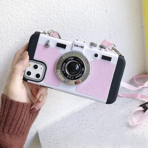 THBR Vintage Camera Phone Case for iPhone 13 Pro Max, Emily in Paris Phone Case with Long Anti-Lost Lanyard, Modern 3D Vintage Style Camera Design Silicone Cover (For iPhone 13 Pro Max, Pink)