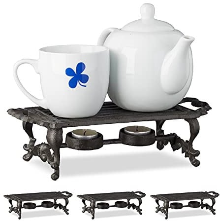 4 Calentadores de Tazas, Duraderos, Diseño Envejecido, 2 Velas c/u, Hornillos de Hierro Fundido, 8,5x30x13,5cm, Marrón