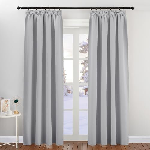 PONY DANCE Wohnzimmer Vorhang Blickdicht Kräuselband 2 Stücke H 200 x B 140 cm Abdunkelnde Gardinen für Gardinenschiene Verdunklungsgardine Thermovorhang Hitzeschutz, Silbergrau