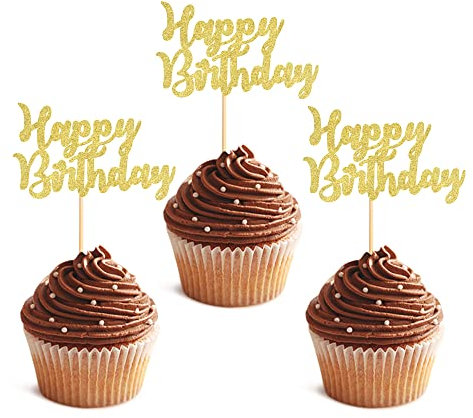 Blumomon 24Pcs Happy Birthday Cupcake Toppers Gold Glitter Birthday Cake Decorations Picks for Celebrating Boys Girls Adult Birthday Party Babyshower Party Decorations Supplies