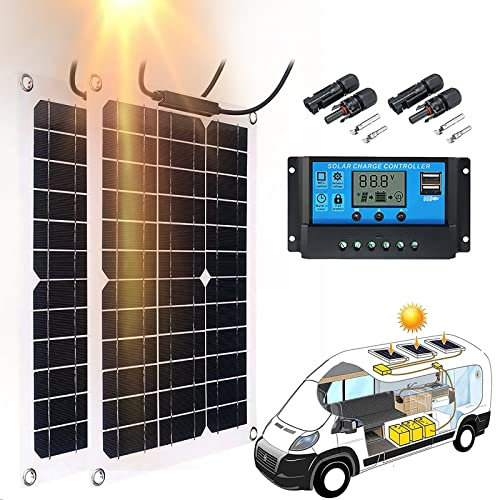 awallow 100W Kit de Panneaux Solaires Flexibles, 2Pcs Modules Solaires Monocristallins Portables avec ContrôLeur de Charge éTanche 40 A, Chargeur de Batterie Solaire 12 V pour Surfaces InéGales