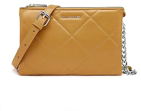David Jones - Damen Kleine Umhängetasche - Mini Crossbody Bag Geseppte Handtasche Steppmuster PU Leder Tasche Frau - Kette Schultertasche Abendtasche Clutch Elegante Flache Party Handy - Gelb