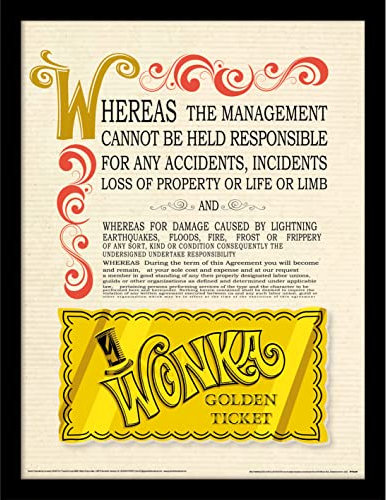 Pyramid International Willy Wonka & The Chocolate Factory Gerahmter Druck (Goldenes Ticket-Design), 30 cm x 40 cm, offizieller Merchandise-Artikel