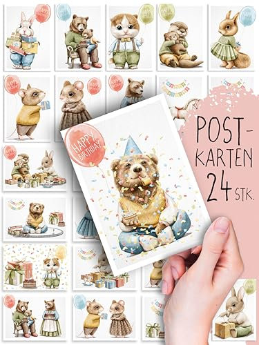 Geburtstagskarten 24 Stück hochwertige Postkarten, Tierisch schön, Glückwunschkarten zum Geburtstag, Happy Birthday Karten, Grußkarte und Gutschein, süß niedlich, Illustration Katze Hase Bär Maus