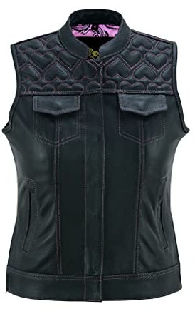 Leatherick Gilet da motociclista in pelle nera da donna - Fodera tradizionale in raso Paisley con cuciture a cuore rosa (M, Rosa cucita)