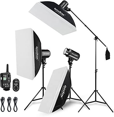 Godox 750W Studio Stroboskop Blitzlicht Kit, Stroboskop Beleuchtungsset für Fotografie, 3x250W 5600K Monolights mit Stroboskop Auslöser, Lichtständer, Galgenarm