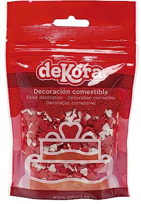 dekora - Konfetti Streusel Tortendeko Essbar - Essbares Zuckerdekor für Torten Cupcakes und andere Desserts Rote und Weiße Zuckerherzen - Streusel Rot - 100 g