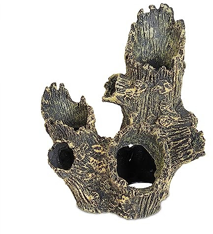 Relaxdays Aquarium Deko, Baumstamm, Versteck für Fische & Garnelen, HxBxT: 16,5 x 15 x 12 cm, Aquarium-Höhle, grau/grün