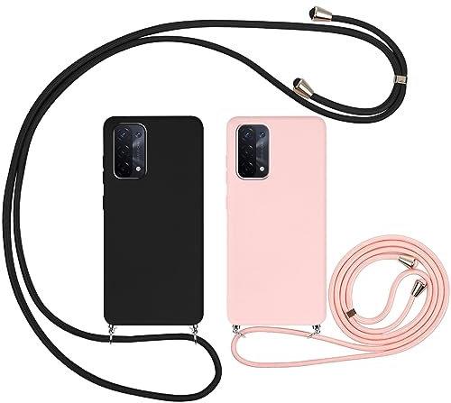 Vauki Coque pour Oppo A74 5G/A54 5G avec Cordon [2 Pièce],Etui Silicone Souple Antichoc avec Collier Bandoulière Chaîne Lanière,Anti-Rayures Housse Case pour Oppo A54 5G 6.5,Noir et Rose