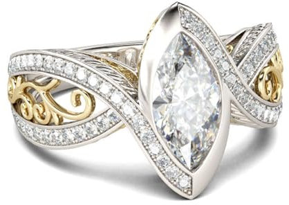 Jeulia Bague vintage en argent sterling bicolore taille marquise pour femme et fille avec boîte à bijoux (Argent, Or Jaune, 66(21))