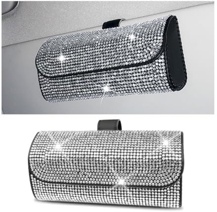 JNNJ Caja Organizadora para Gafas De Sol Coche, Estuche Gafas De Sol De Cristal para Visera Coche, Estuche para Gafas Sol Coche Decorado con Diamantes Imitación, Bling Accesorios Coches(Blanco)