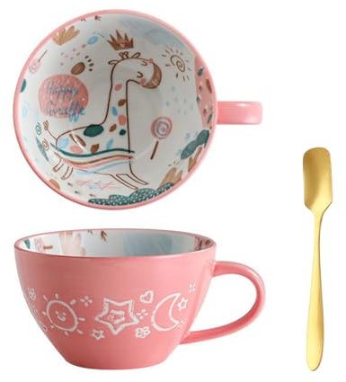 Xfeyaqlo 500ml Tazón Desayuno Grande con Asa, Taza de Desayuno Bonito, Taza Cafe Ceramica (Cervatillo)
