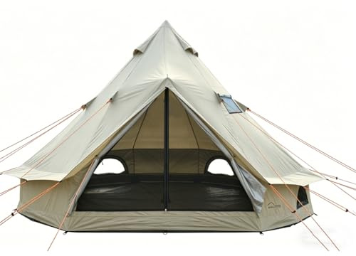 DANCHEL OUTDOOR B2 Leichtes 4-Jahreszeiten-Jurtenzelt, Glamping-Zelt mit versiegeltem Ofenheber für Camping, 4–6 Personen, 300D Oxford, Glockenzelt Tipi, Hot Tent für Erwachsene, 13 kg, 4 x 4 x 2,5 m