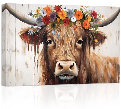 ZXHYWYM Hochlandkuh Paar Leinwandbilder süßes Rind mit Sonnenblume Poster Drucke Western Tiere Bilder für Landhaus Küche Badezimmer Dekor (Bild-3, (30.00 x 45.00 cms))